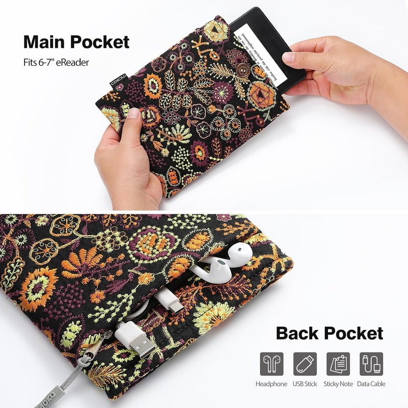MoKo 6-7" Embroidered Padded eReader Sleeve Tablet Bag Pouch for 7" Colorsoft Signature Edition 2024, 6.8" Paperwhite 11th/10th Gen, 6" Voyage/Kobo eReader, Black Yellow Flowers - Image 5